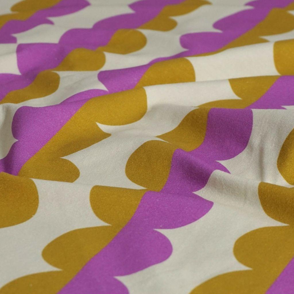 Preview: Baumwolljersey abstrakte Halbkreise caramelbraun fliederlila